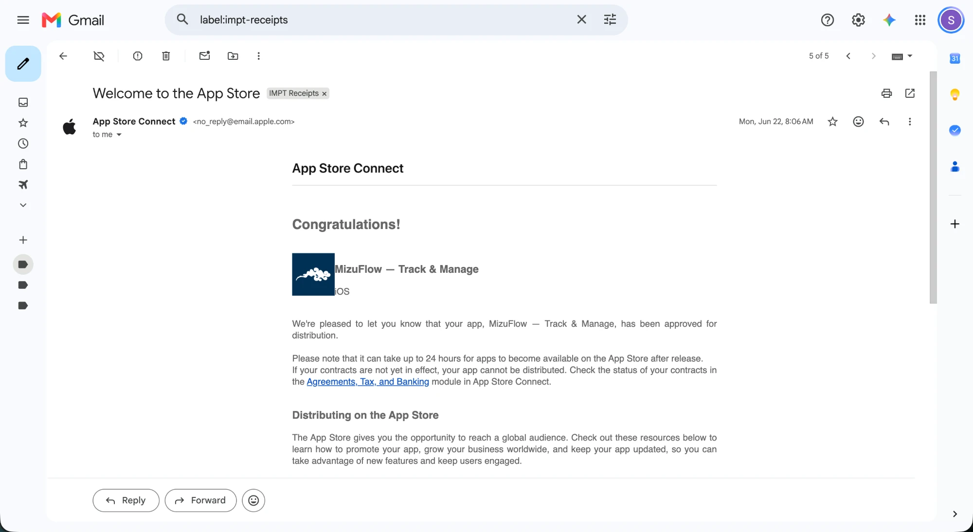 The App Store Connect email saying MizuFlow was approved.