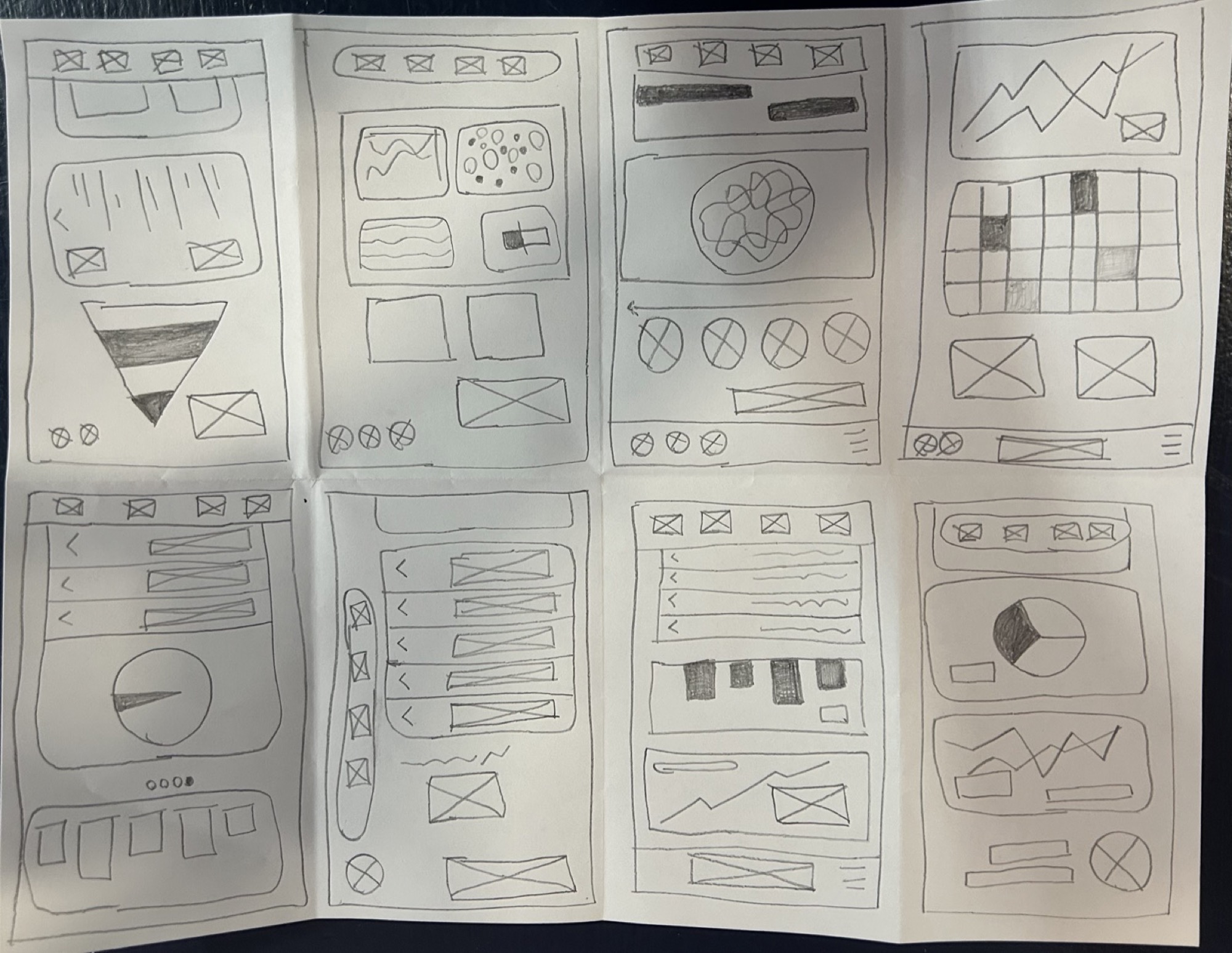 Eight paper sketches of MizuFlow screens on a folded sheet
